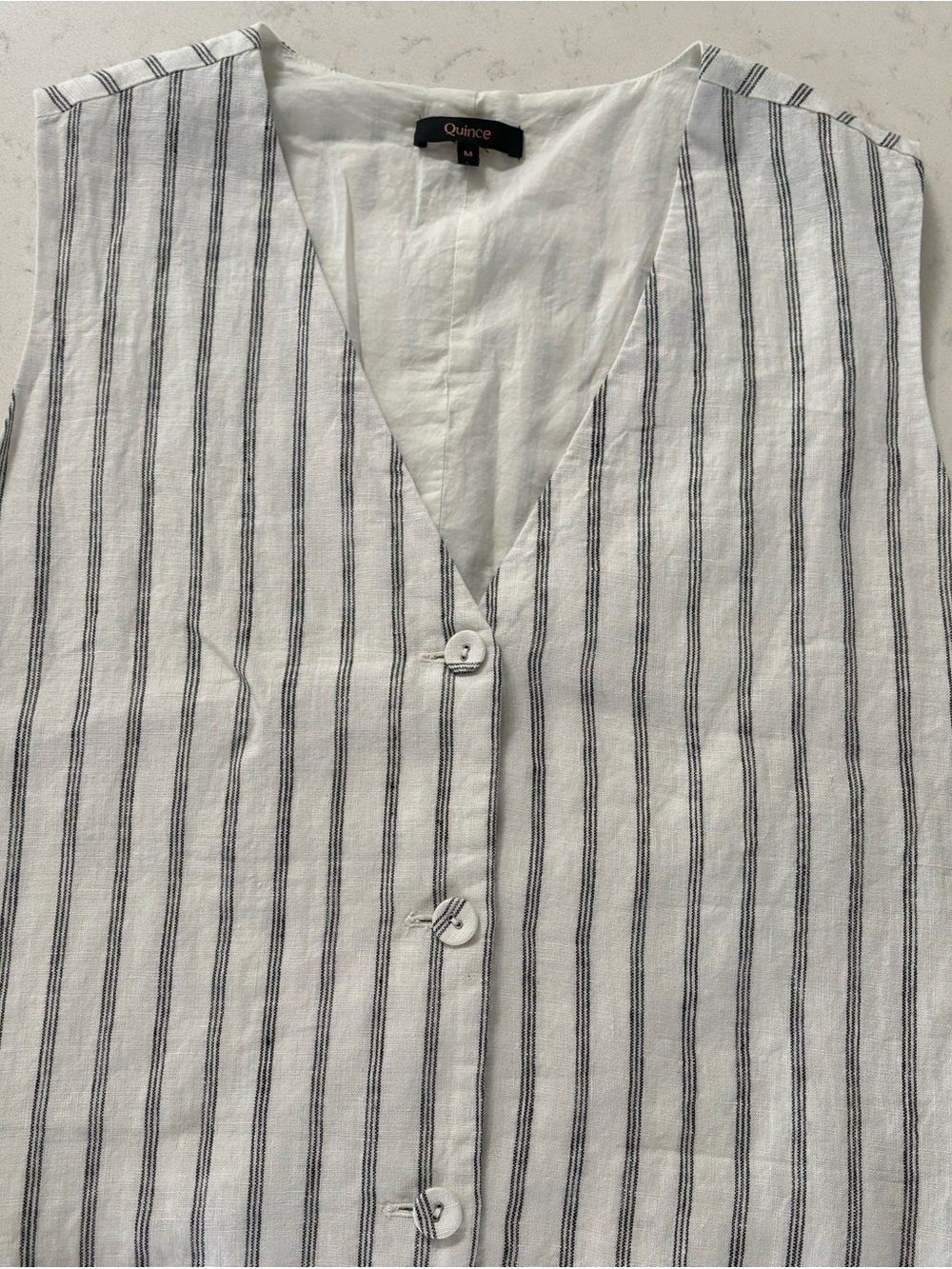 Quince White Sleeveless Button-Front Top with Navy Stripes